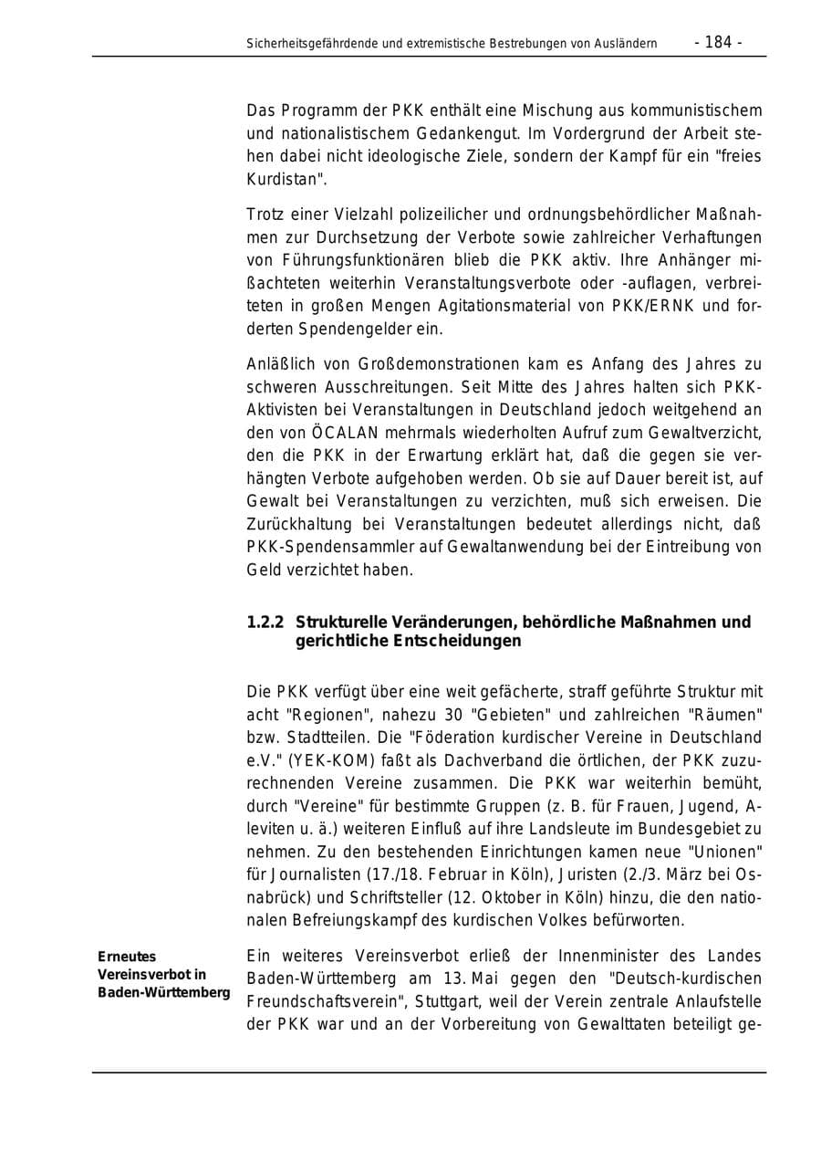 Seite 184 des Verfassungsschutzbericht 1996 Bund