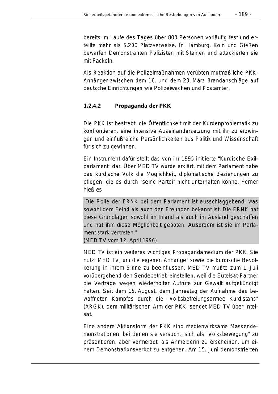 Seite 189 des Verfassungsschutzbericht 1996 Bund
