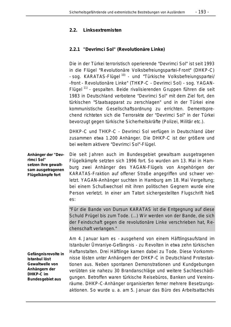 Seite 193 des Verfassungsschutzbericht 1996 Bund
