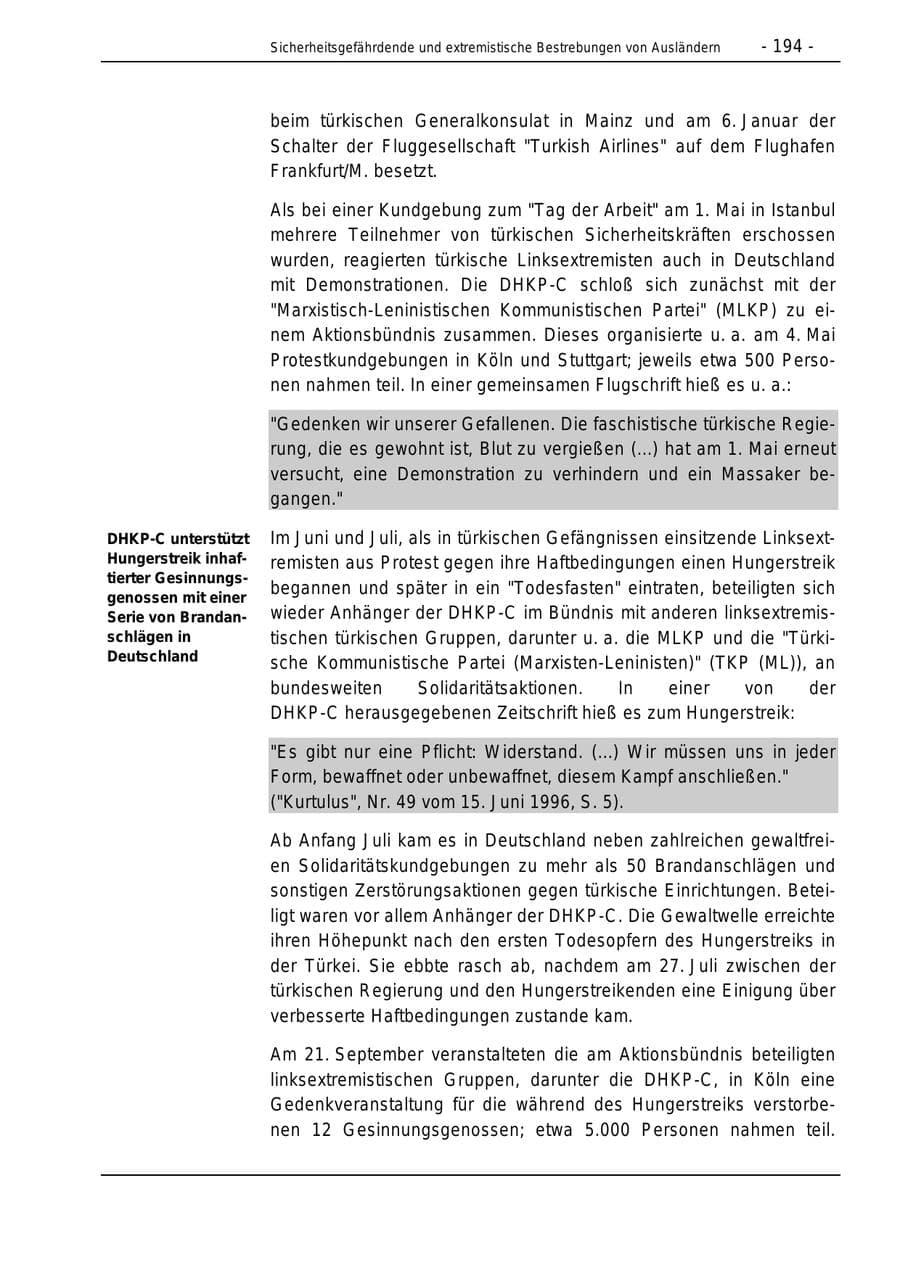 Seite 194 des Verfassungsschutzbericht 1996 Bund