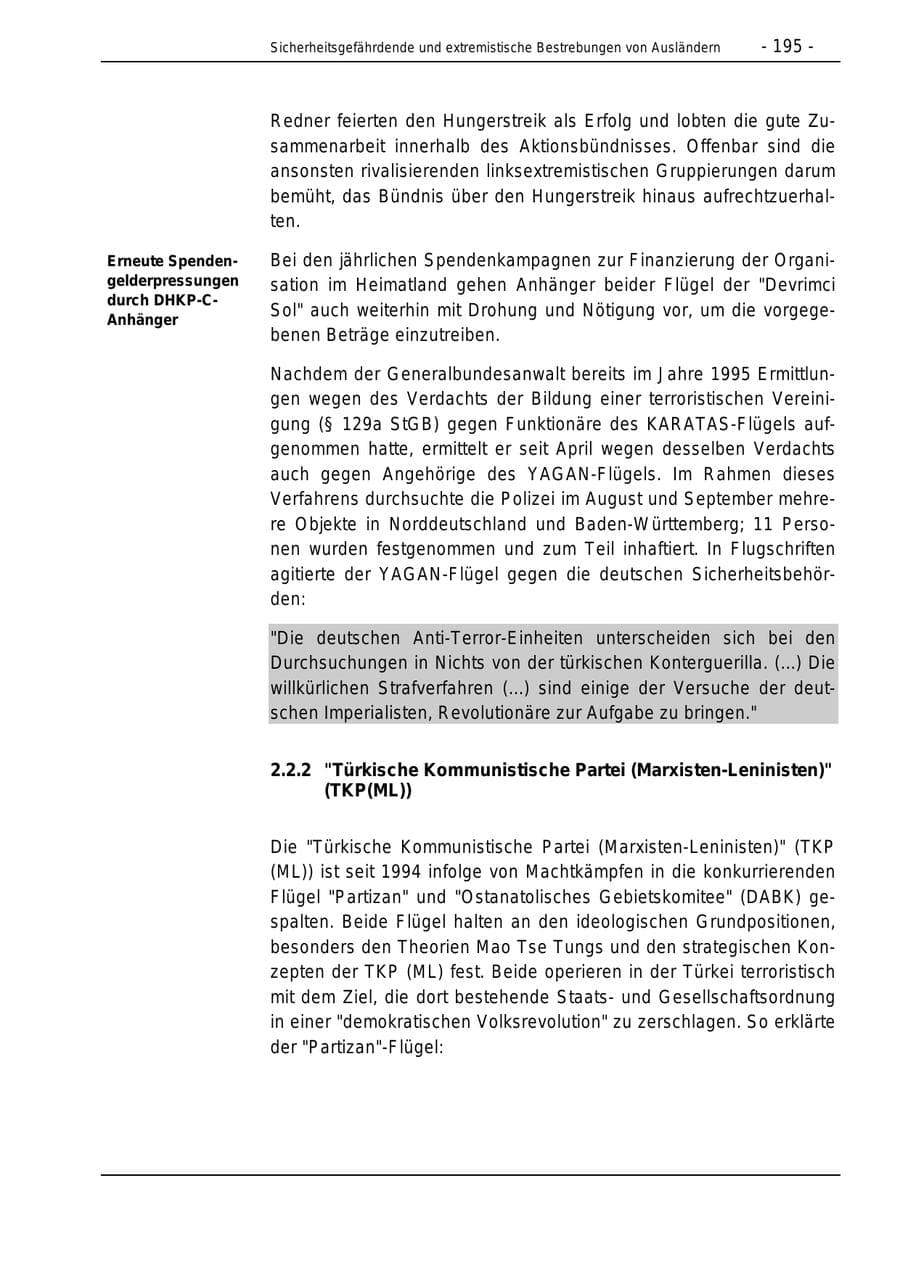 Seite 195 des Verfassungsschutzbericht 1996 Bund