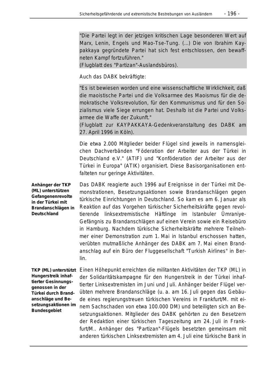 Seite 196 des Verfassungsschutzbericht 1996 Bund