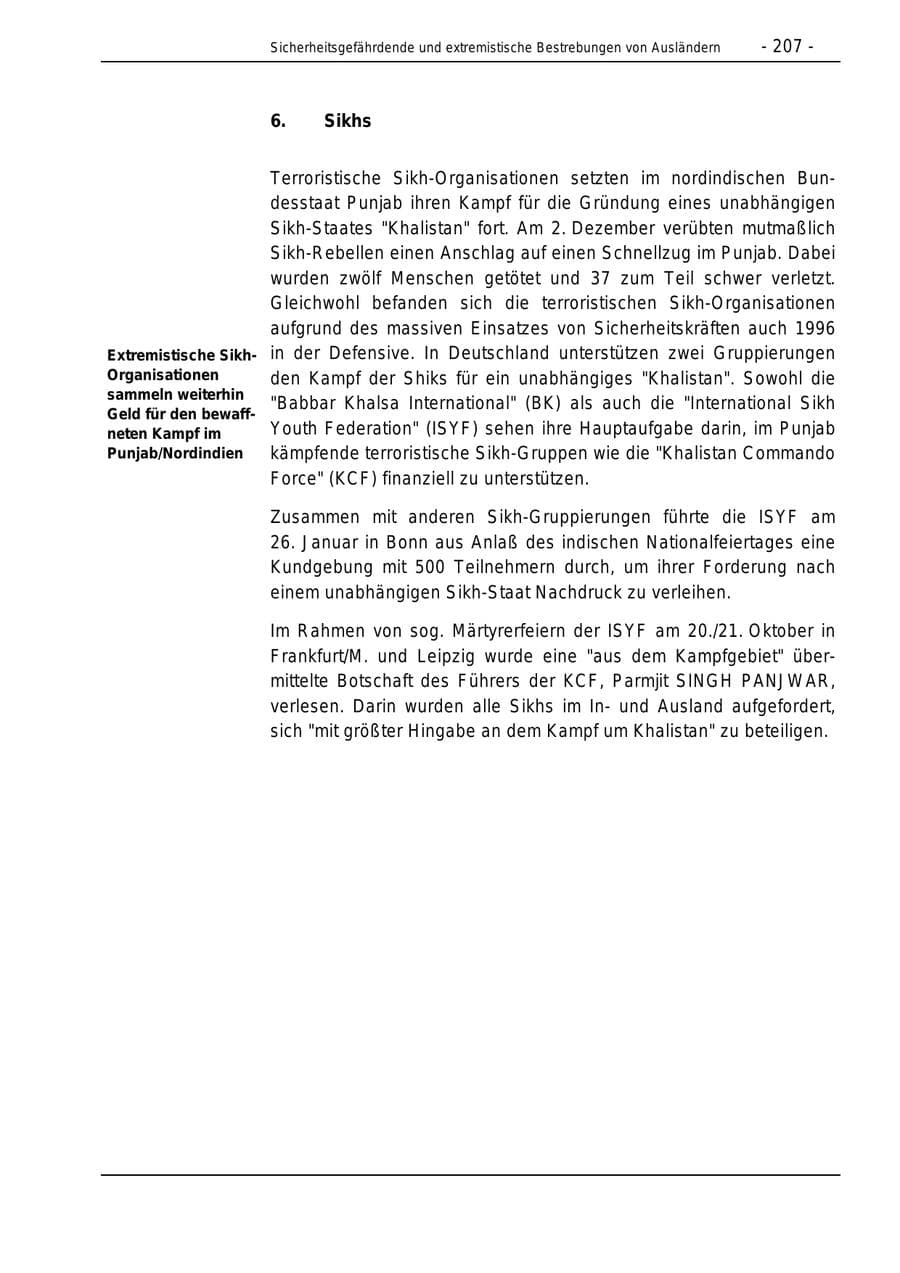 Seite 207 des Verfassungsschutzbericht 1996 Bund