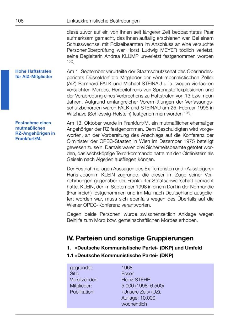 Seite 109 des Verfassungsschutzbericht 1999 Bund