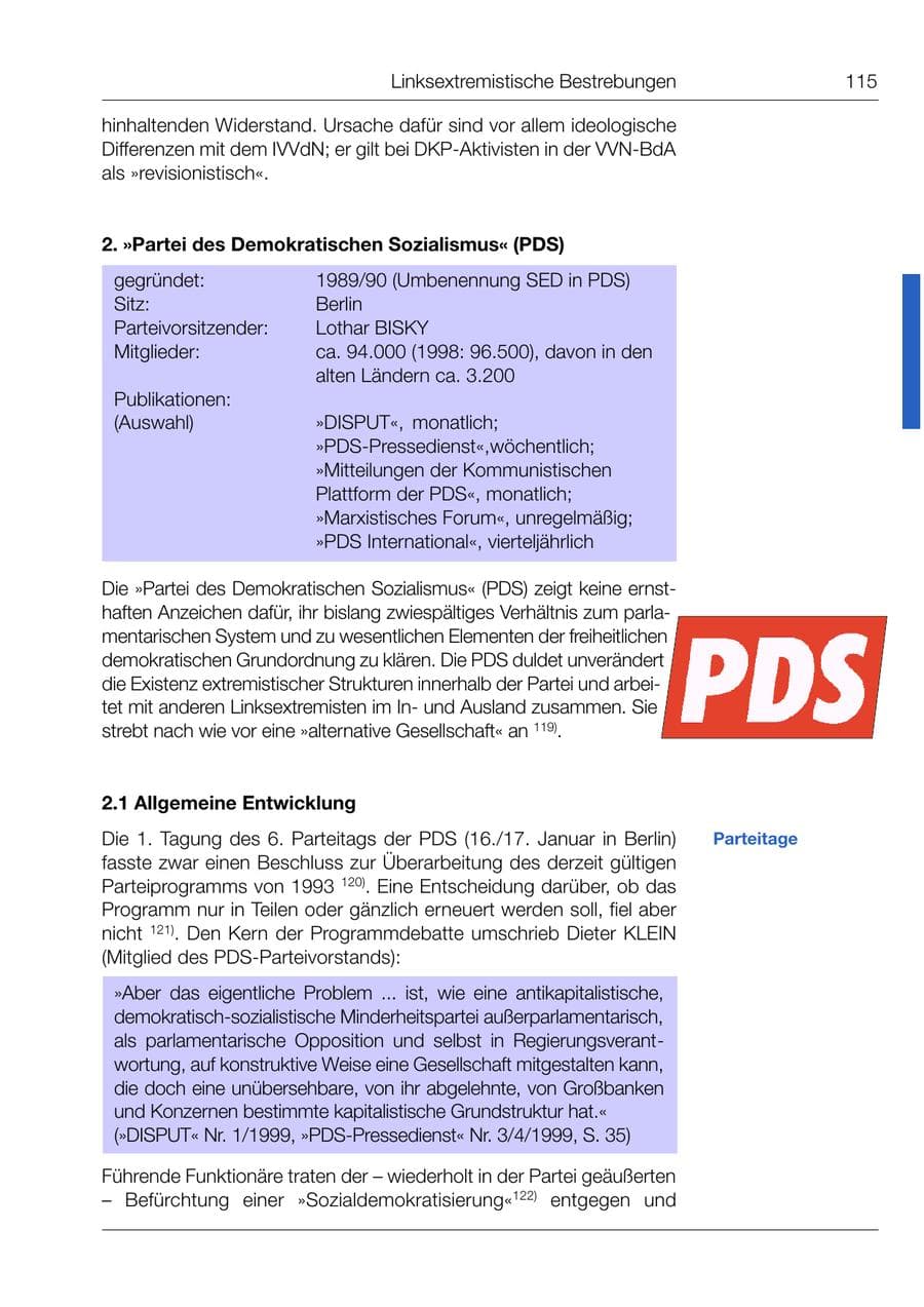 Seite 116 des Verfassungsschutzbericht 1999 Bund