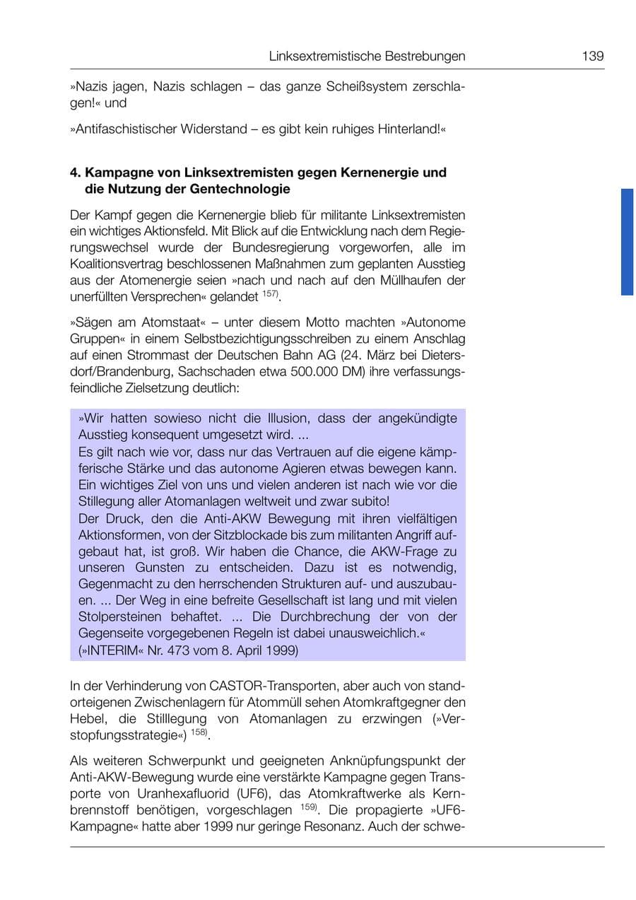 Seite 140 des Verfassungsschutzbericht 1999 Bund