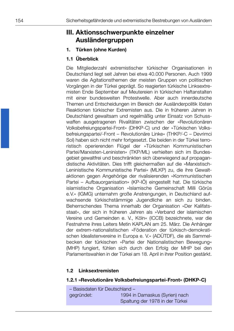 Seite 155 des Verfassungsschutzbericht 1999 Bund