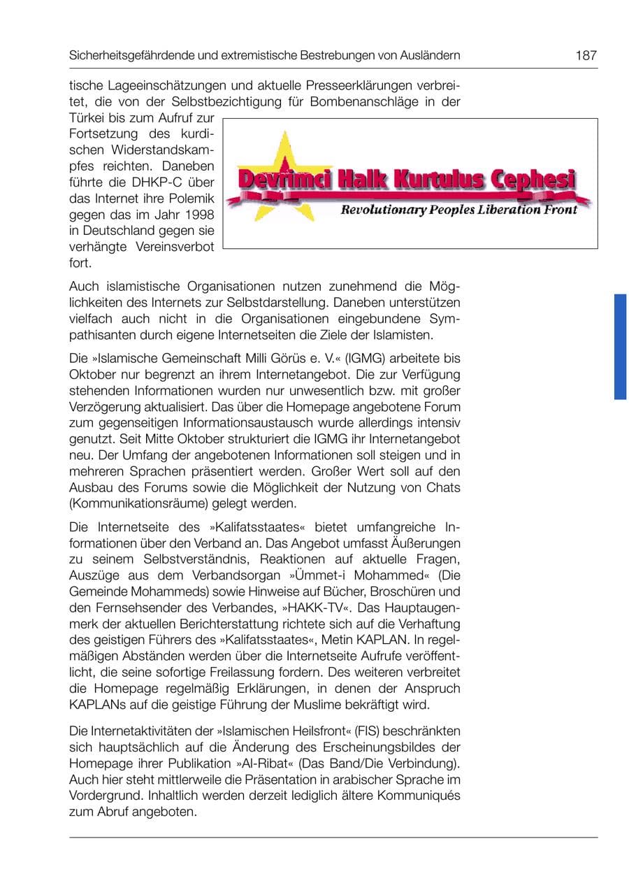 Seite 188 des Verfassungsschutzbericht 1999 Bund