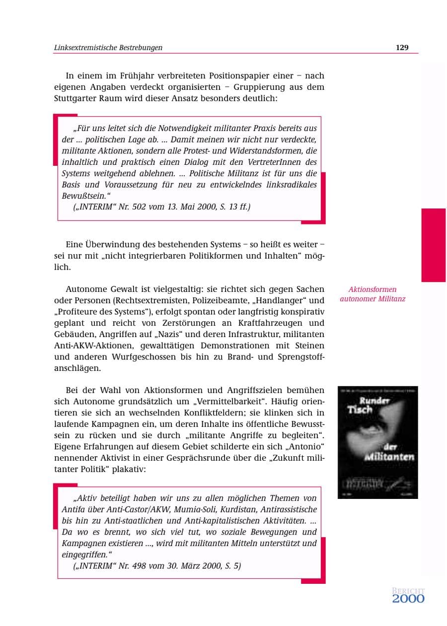 Seite 130 des Verfassungsschutzbericht 2000 Bund