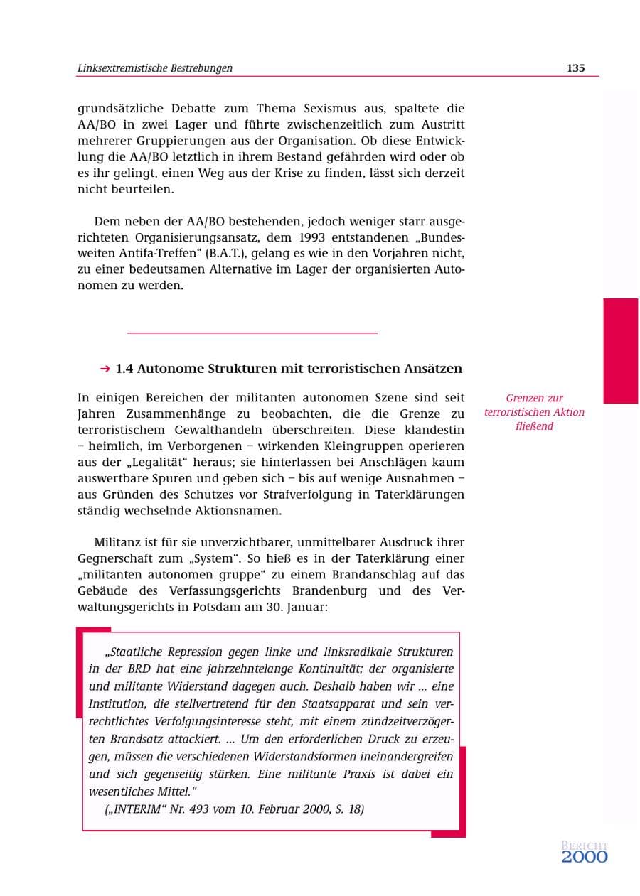 Seite 136 des Verfassungsschutzbericht 2000 Bund