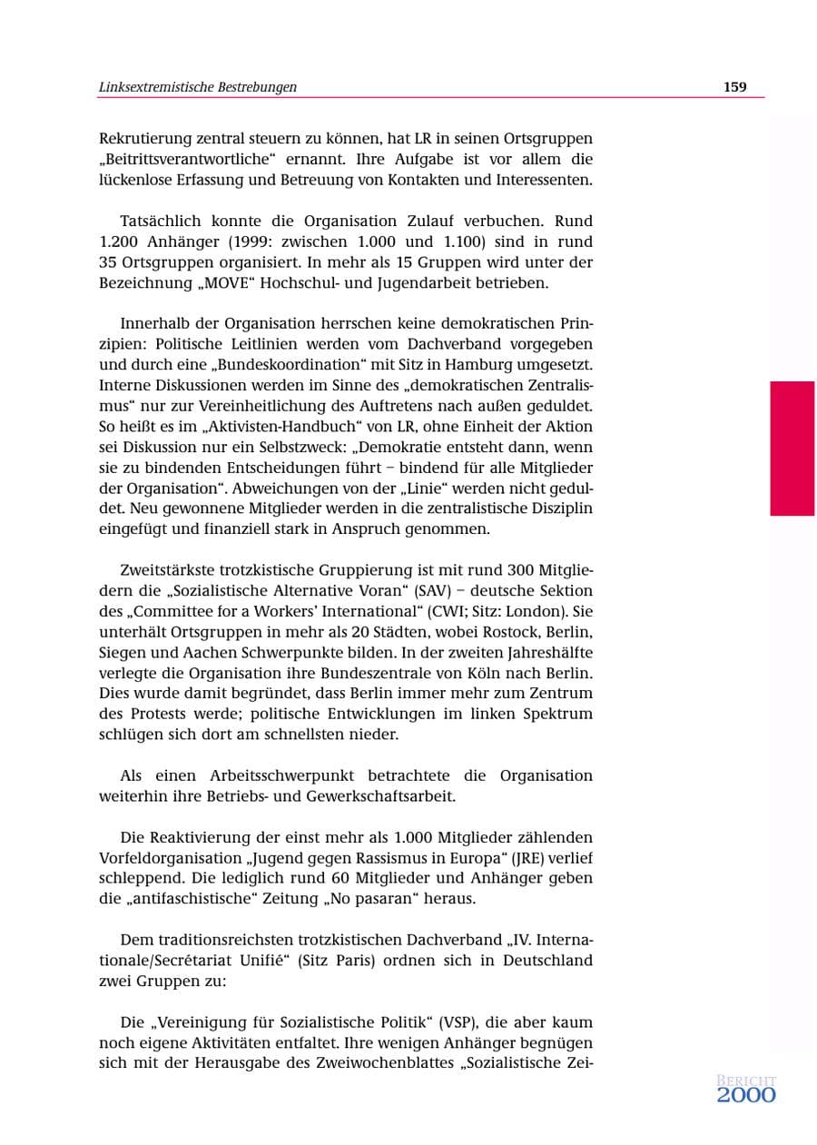 Seite 160 des Verfassungsschutzbericht 2000 Bund
