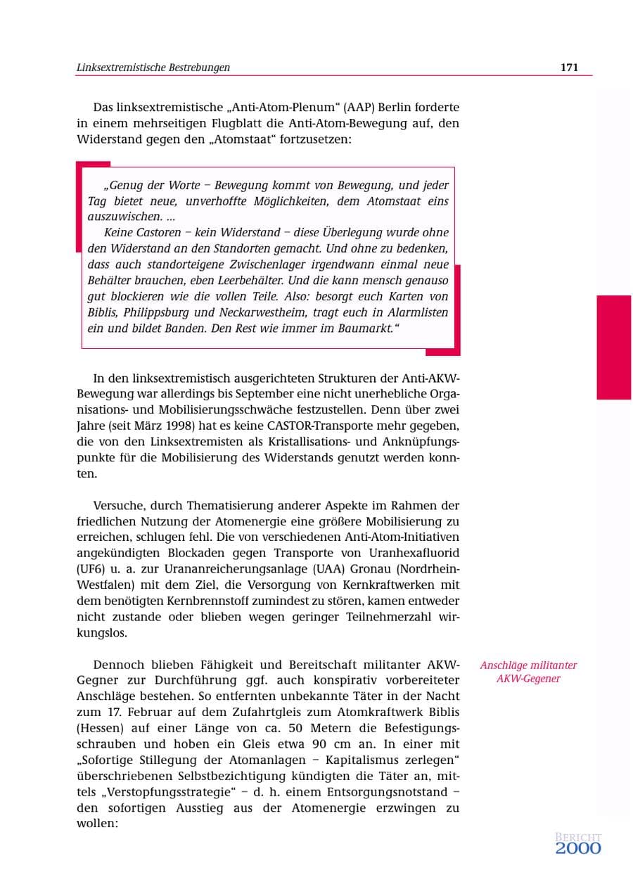 Seite 172 des Verfassungsschutzbericht 2000 Bund