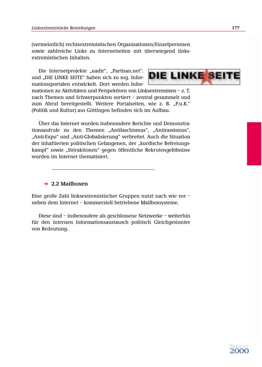 Seite 178 des Verfassungsschutzbericht 2000 Bund