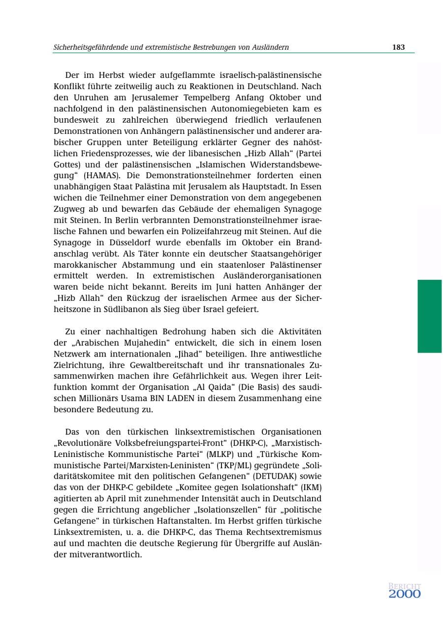 Seite 184 des Verfassungsschutzbericht 2000 Bund