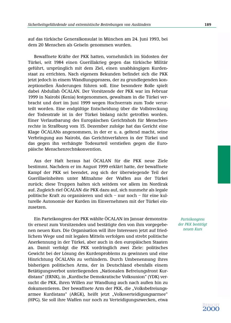 Seite 190 des Verfassungsschutzbericht 2000 Bund