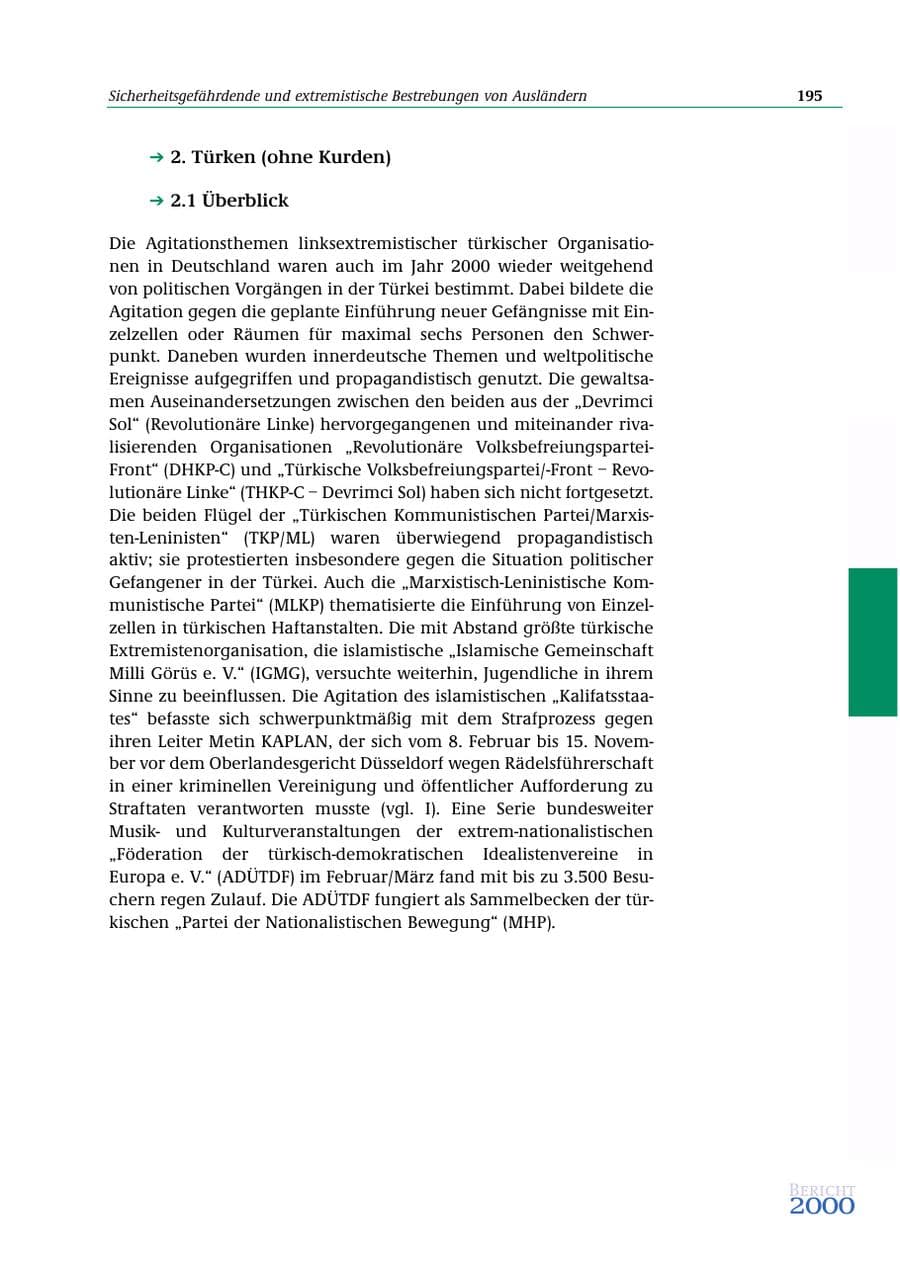Seite 196 des Verfassungsschutzbericht 2000 Bund