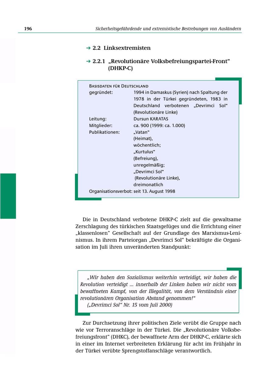 Seite 197 des Verfassungsschutzbericht 2000 Bund