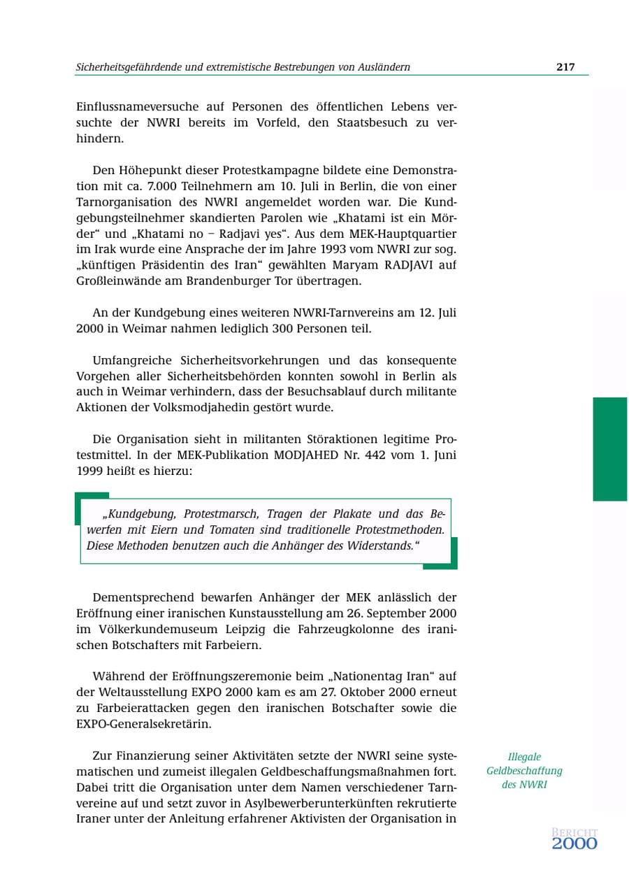 Seite 218 des Verfassungsschutzbericht 2000 Bund