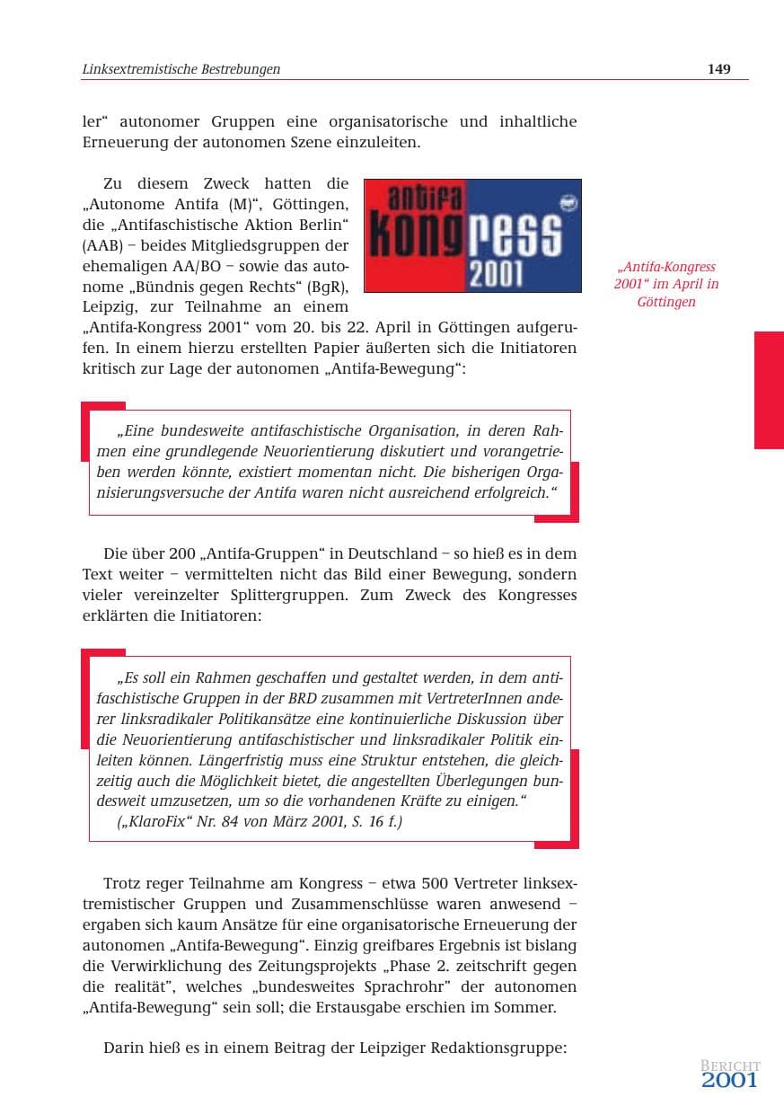 Seite 150 des Verfassungsschutzbericht 2001 Bund