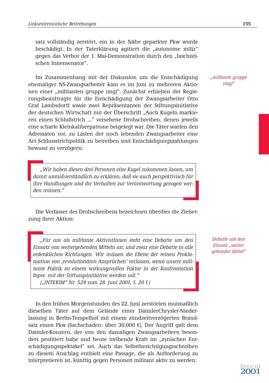 Seite 156 des Verfassungsschutzbericht 2001 Bund