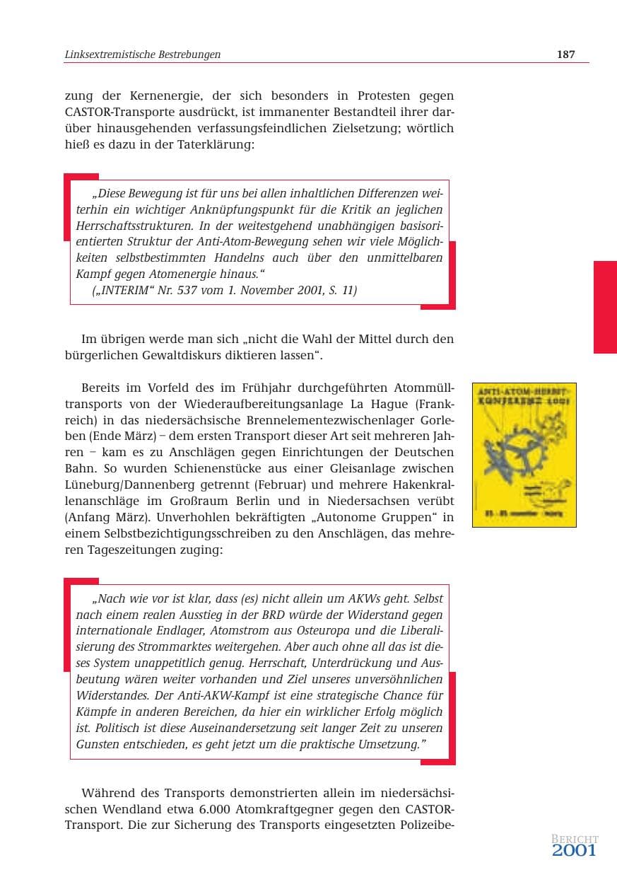 Seite 188 des Verfassungsschutzbericht 2001 Bund