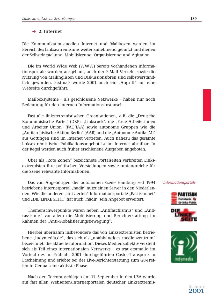 Seite 190 des Verfassungsschutzbericht 2001 Bund