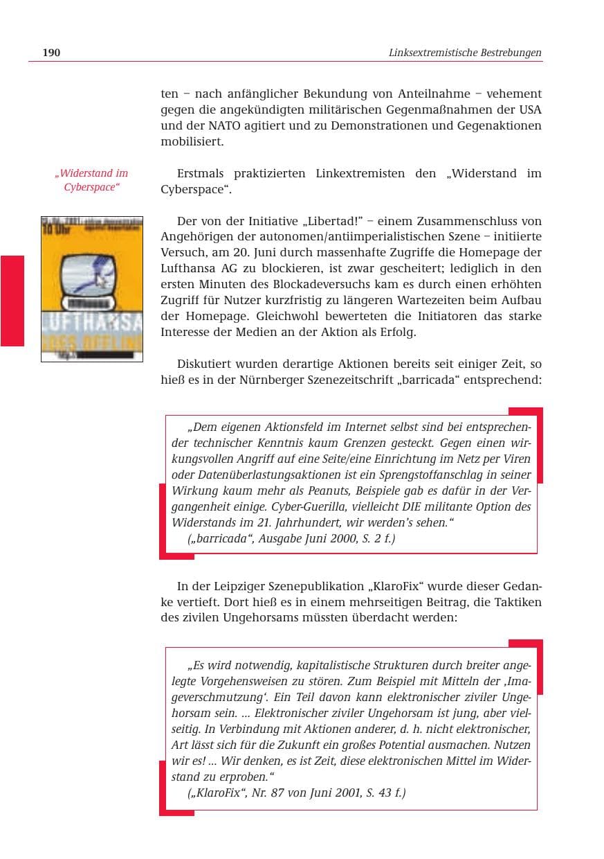 Seite 191 des Verfassungsschutzbericht 2001 Bund