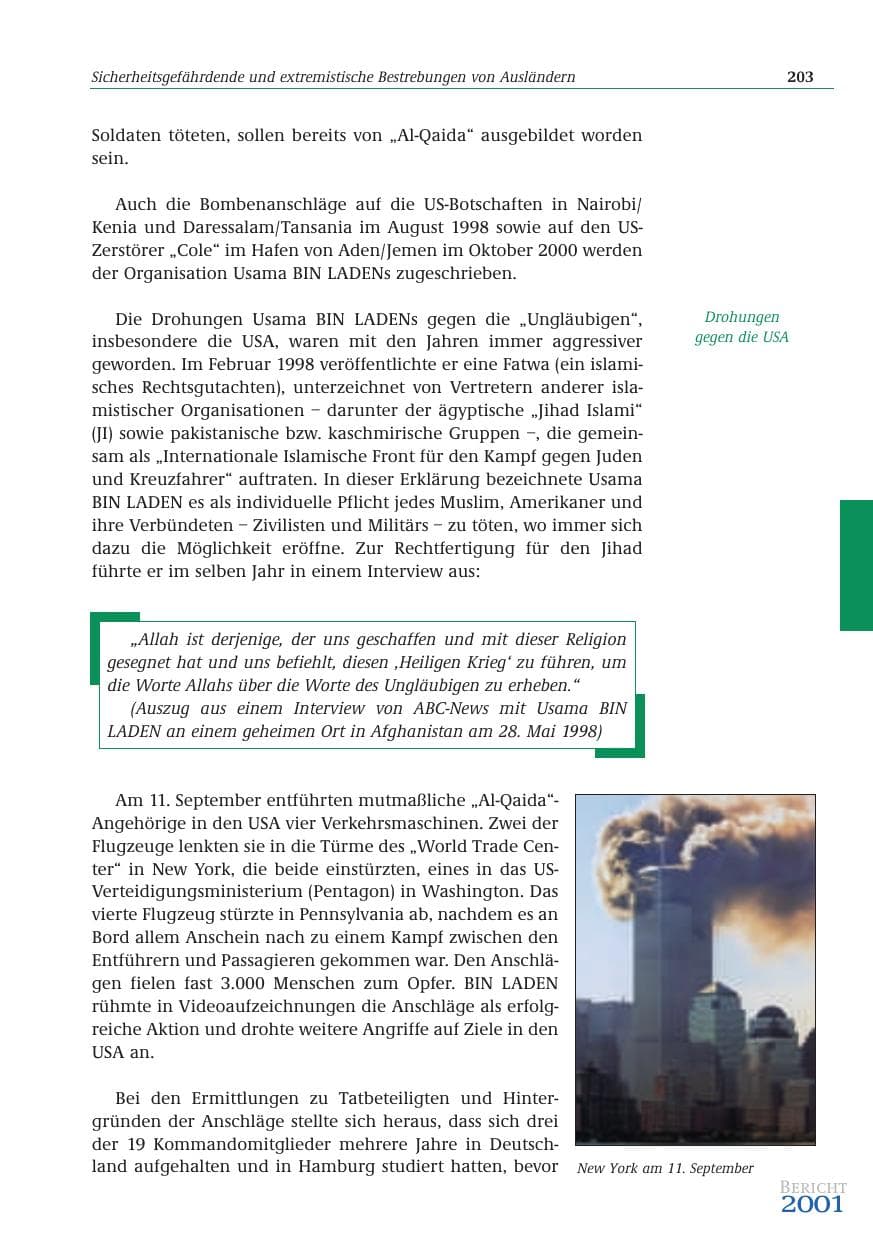 Seite 204 des Verfassungsschutzbericht 2001 Bund