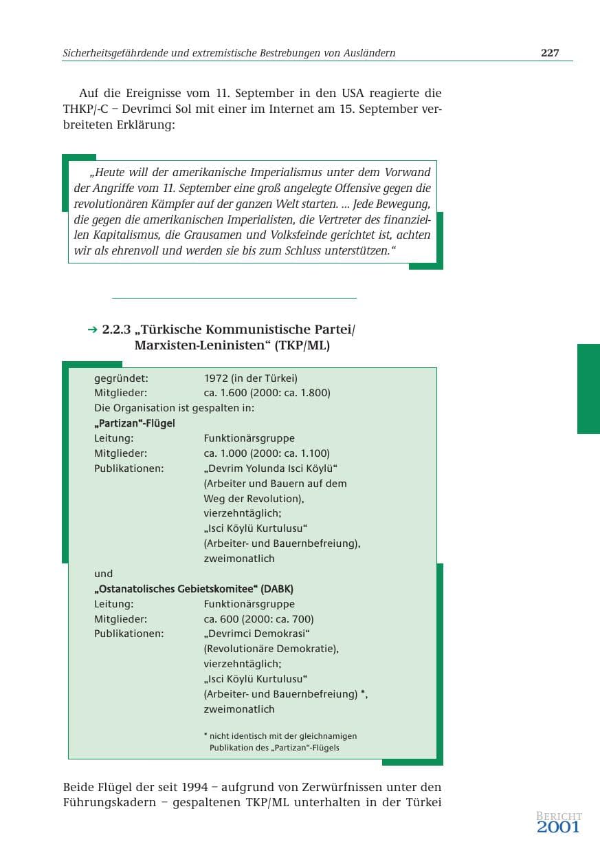 Seite 228 des Verfassungsschutzbericht 2001 Bund