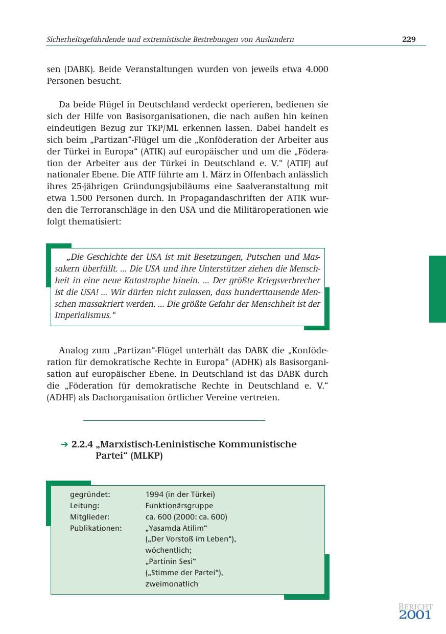 Seite 230 des Verfassungsschutzbericht 2001 Bund