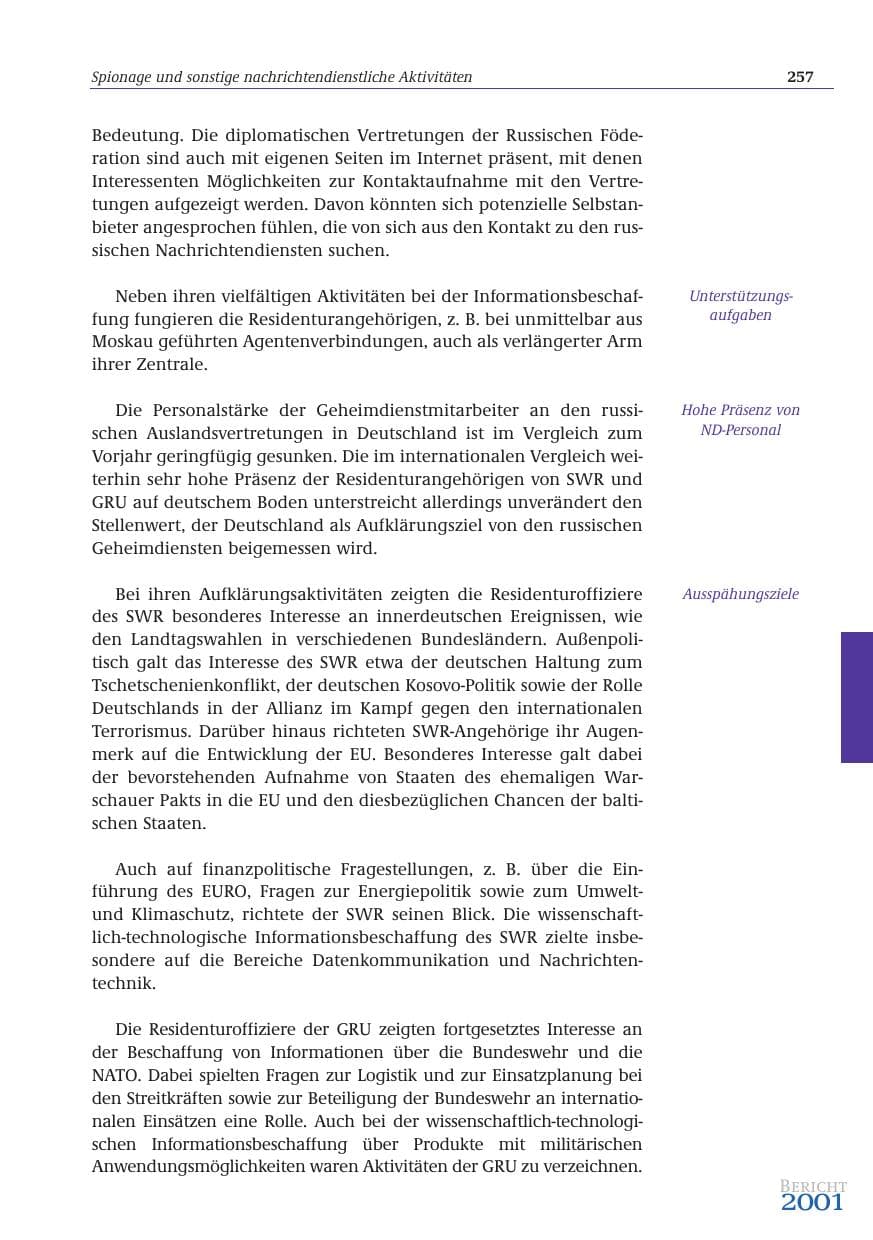 Seite 258 des Verfassungsschutzbericht 2001 Bund