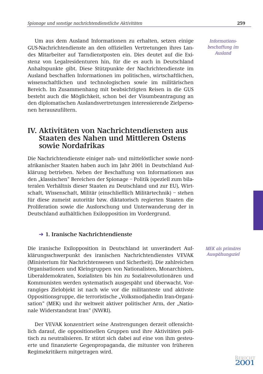 Seite 260 des Verfassungsschutzbericht 2001 Bund