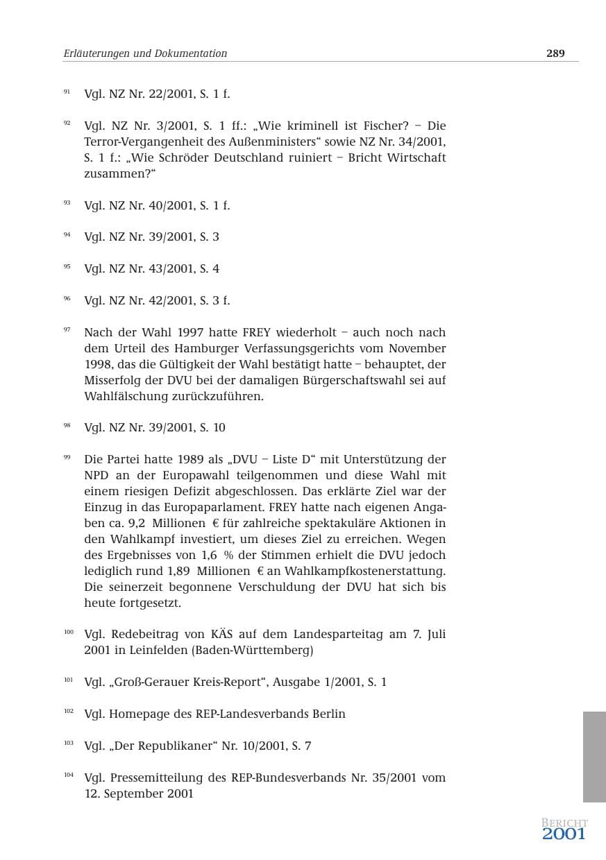 Seite 290 des Verfassungsschutzbericht 2001 Bund