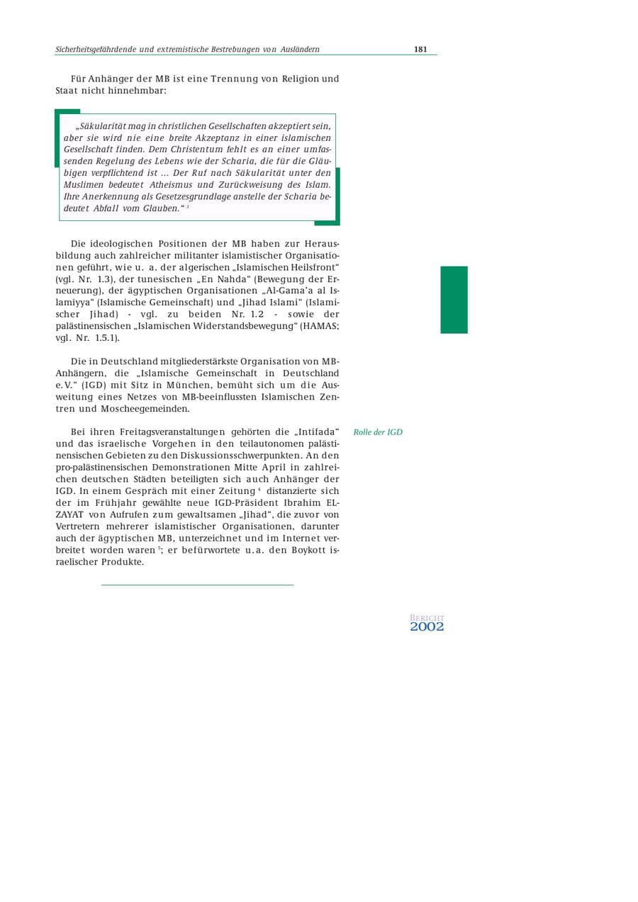 Seite 182 des Verfassungsschutzbericht 2002 Bund