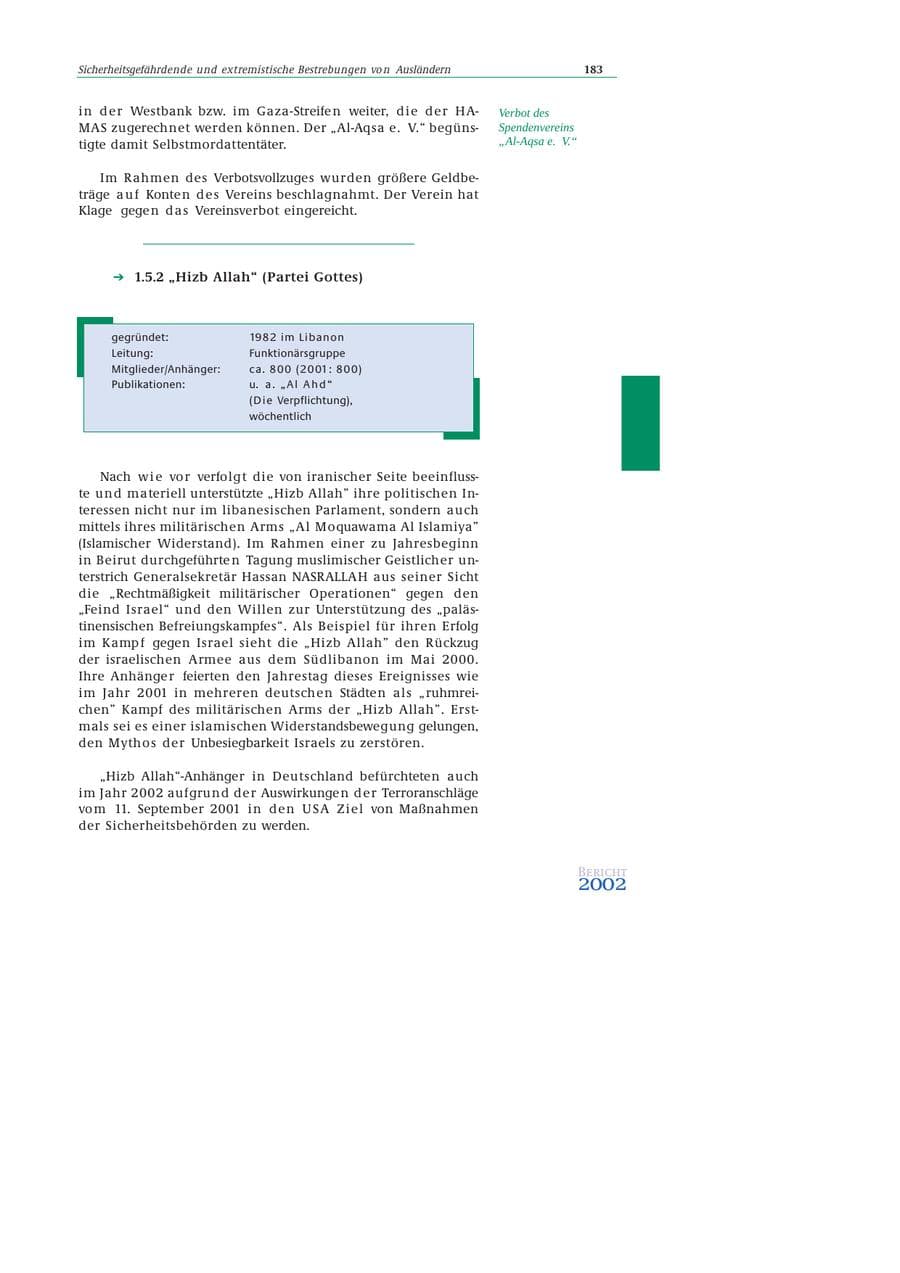 Seite 184 des Verfassungsschutzbericht 2002 Bund