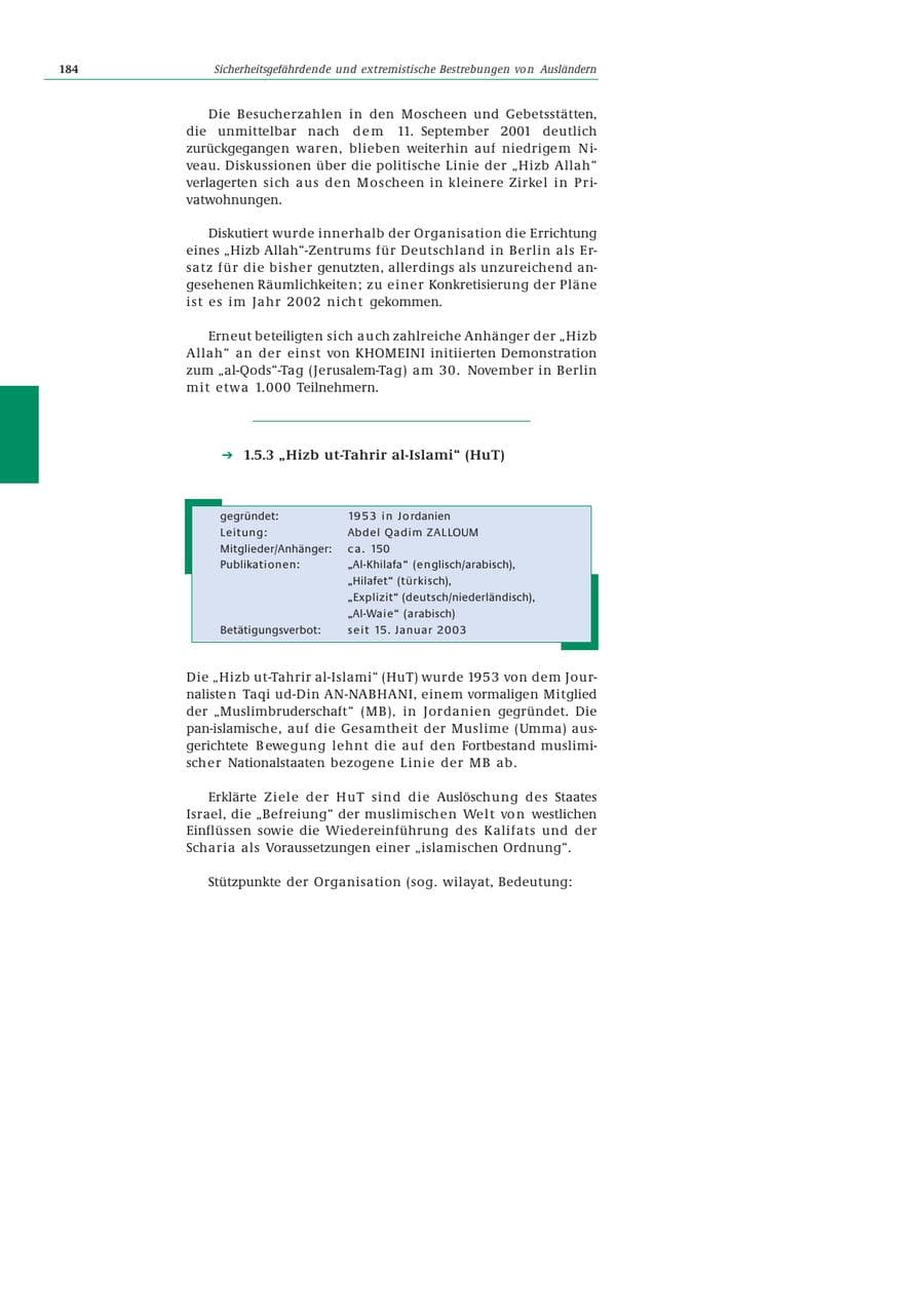 Seite 185 des Verfassungsschutzbericht 2002 Bund