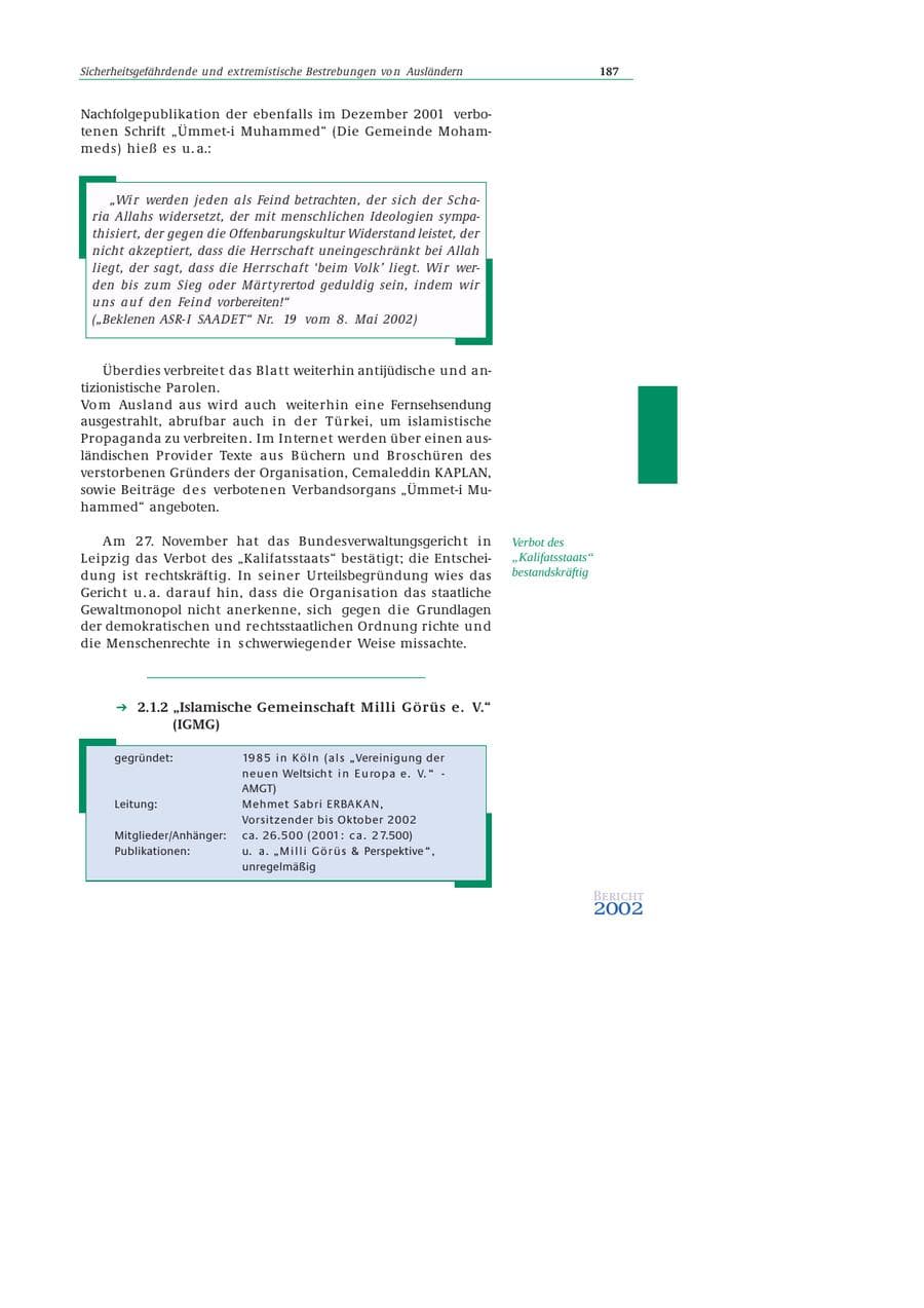 Seite 188 des Verfassungsschutzbericht 2002 Bund