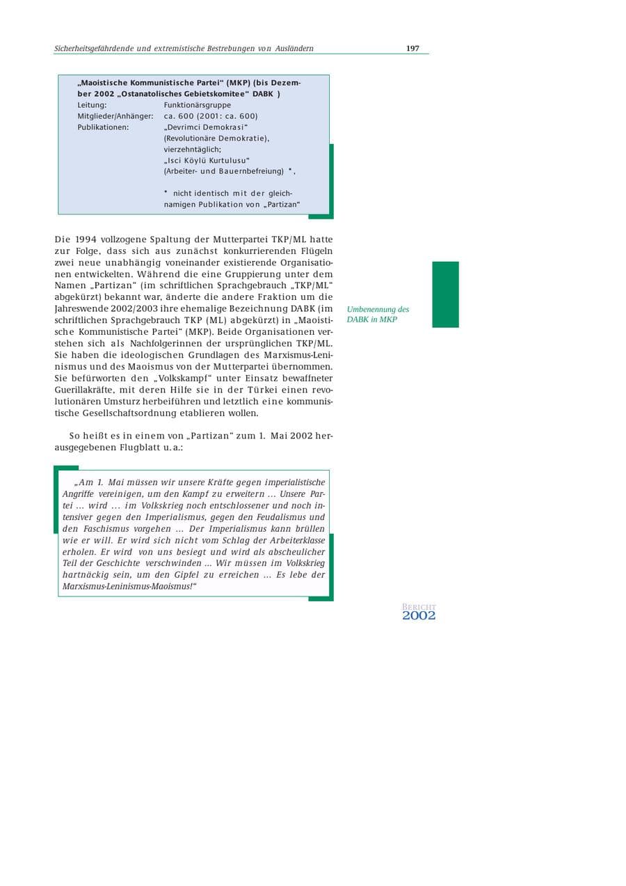 Seite 198 des Verfassungsschutzbericht 2002 Bund