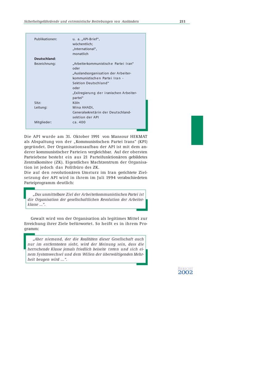 Seite 212 des Verfassungsschutzbericht 2002 Bund