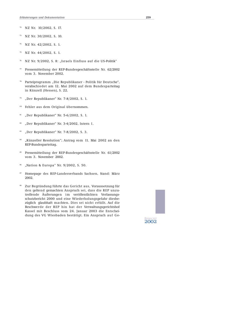 Seite 260 des Verfassungsschutzbericht 2002 Bund