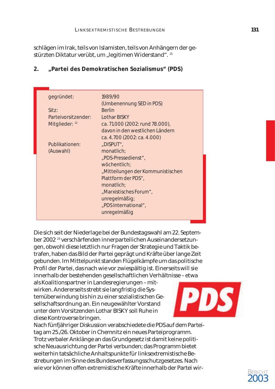 Seite 132 des Verfassungsschutzbericht 2003 Bund