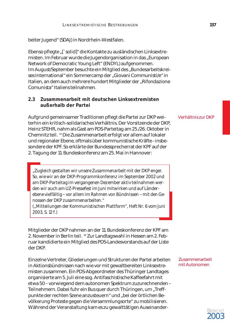Seite 138 des Verfassungsschutzbericht 2003 Bund