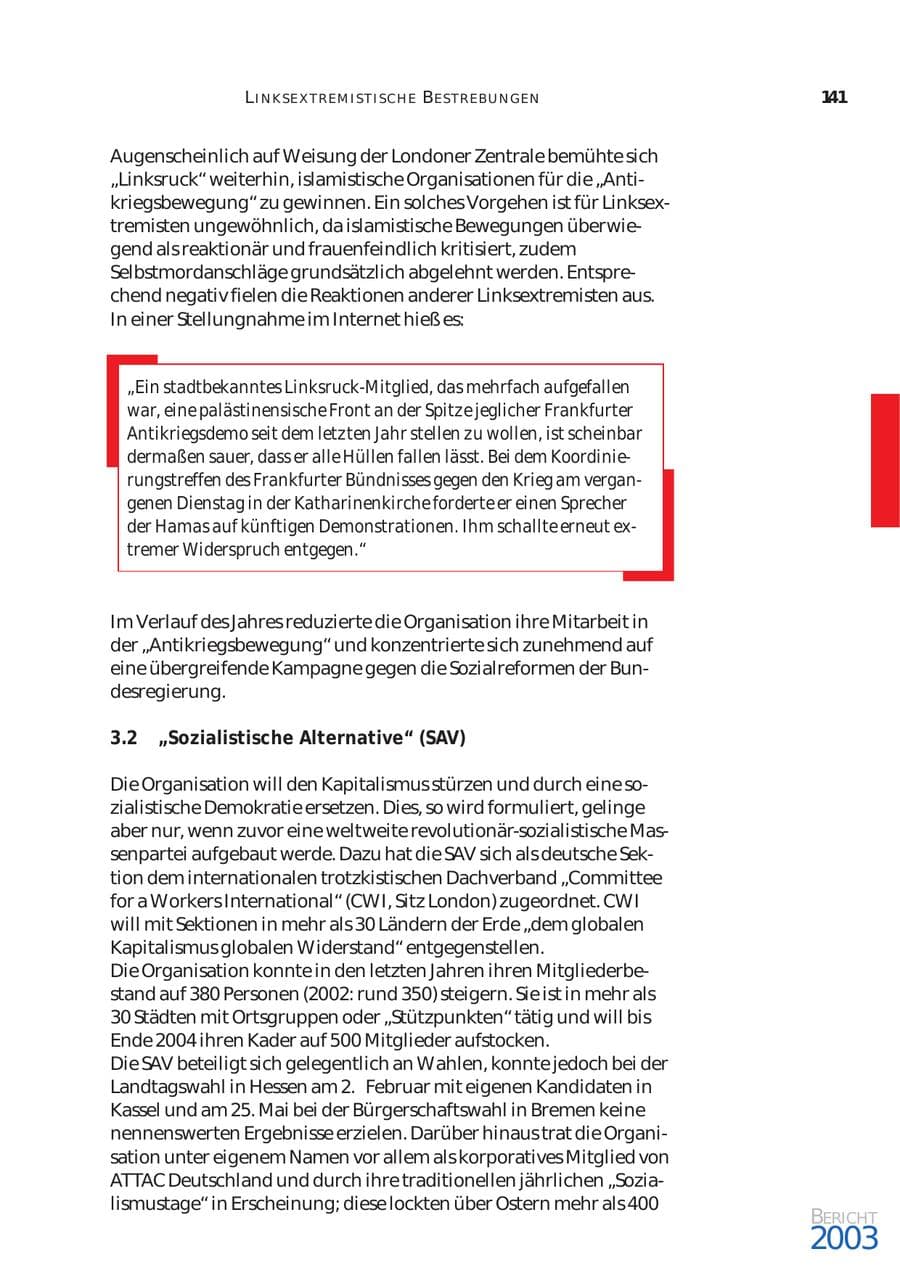Seite 142 des Verfassungsschutzbericht 2003 Bund