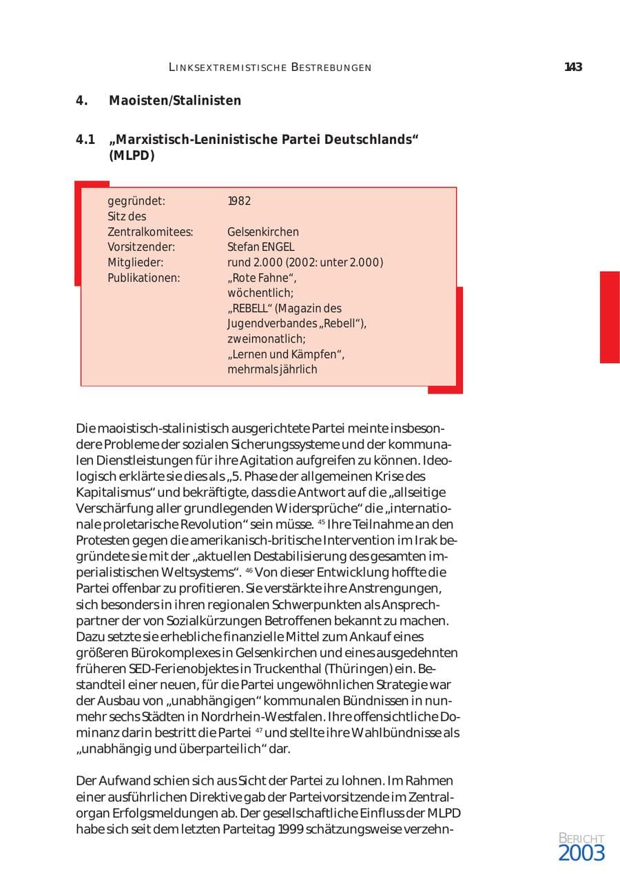 Seite 144 des Verfassungsschutzbericht 2003 Bund