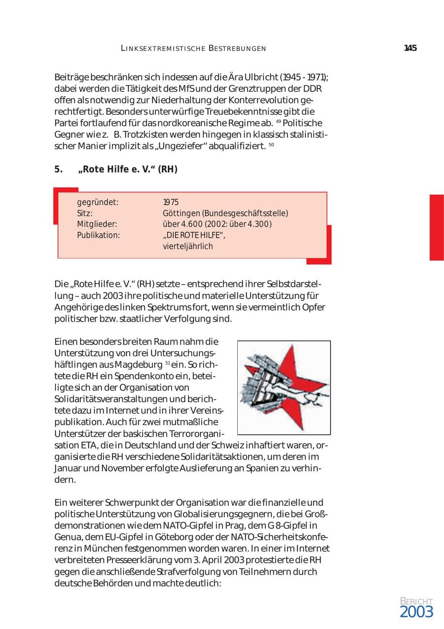 Seite 146 des Verfassungsschutzbericht 2003 Bund