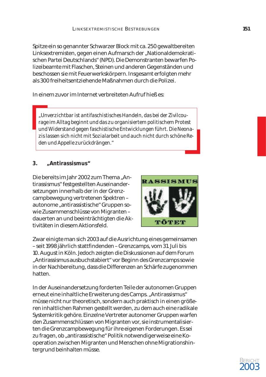 Seite 152 des Verfassungsschutzbericht 2003 Bund