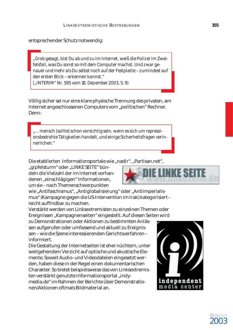 Seite 156 des Verfassungsschutzbericht 2003 Bund