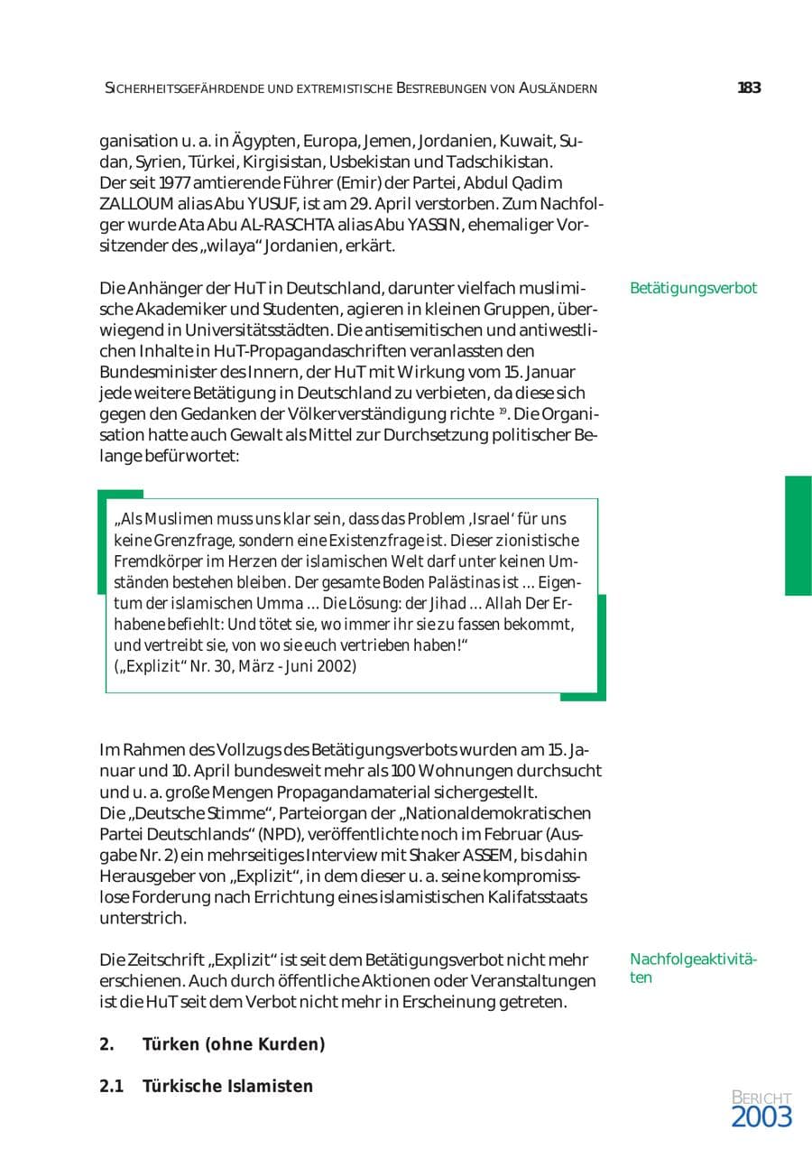 Seite 184 des Verfassungsschutzbericht 2003 Bund