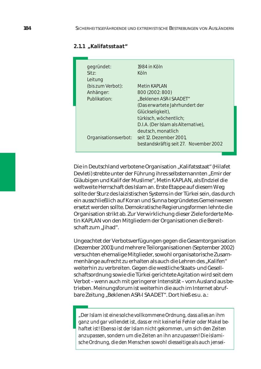 Seite 185 des Verfassungsschutzbericht 2003 Bund