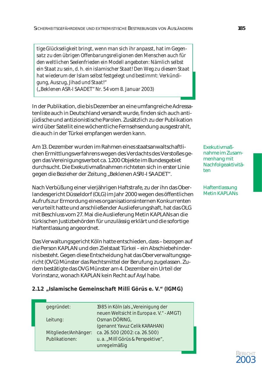 Seite 186 des Verfassungsschutzbericht 2003 Bund